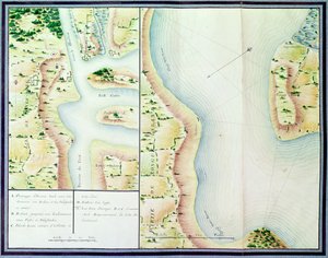 Reconhecimento da Ponte do Rei (Hell Gates), de &39;War of America&39;, c.1780-81 (gravura a cores)